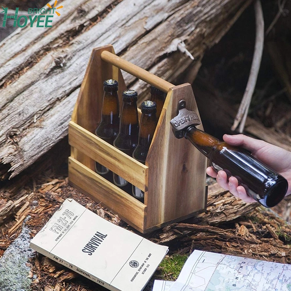 Wood Beer 6 Pack Carrier Basket with Bottle Opener
