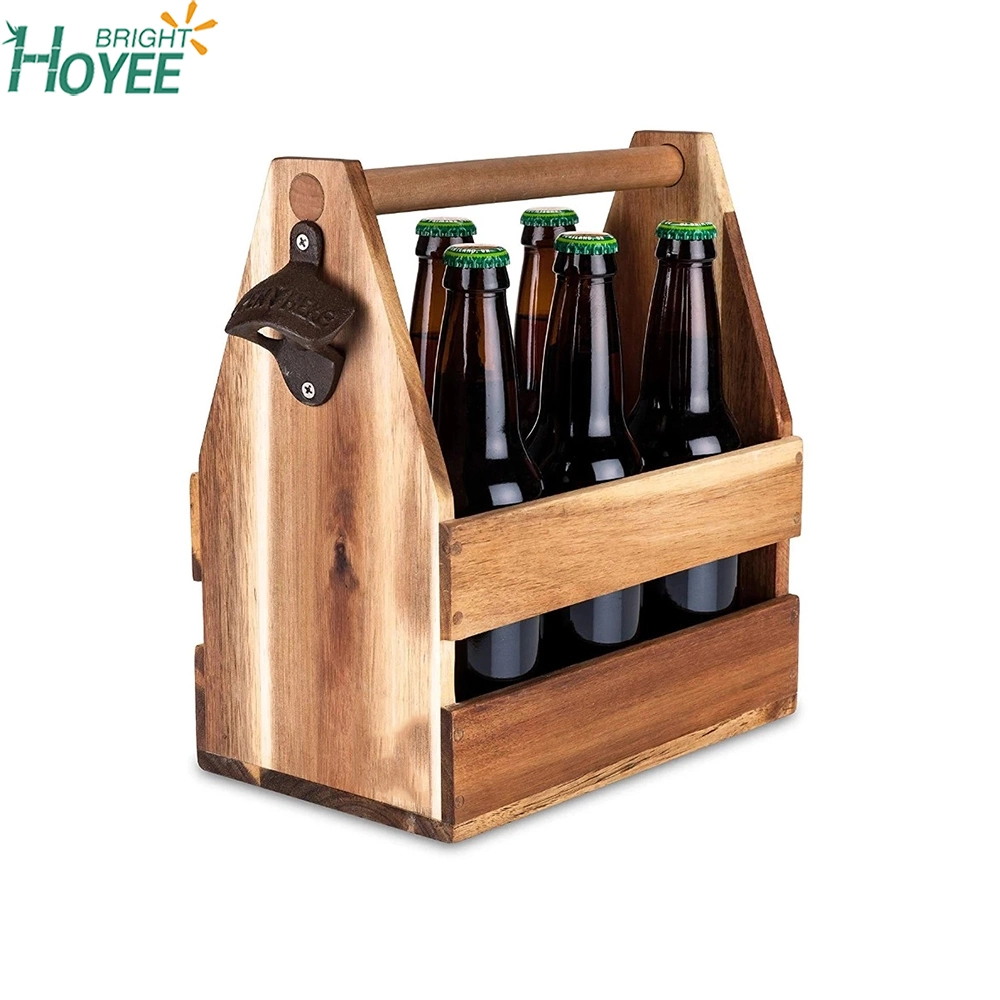 Wood Beer 6 Pack Carrier Basket with Bottle Opener